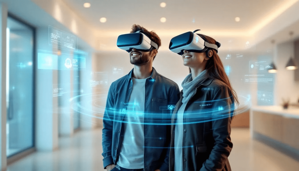 In the image, a young couple is immersed in a virtual reality tour of an empty, bright room while wearing VR headsets. The scene features a futuristic interface overlay with digital annotations and hotspot markers, illustrating the concept of a 360 grad immobilien rundgang for prospective buyers.