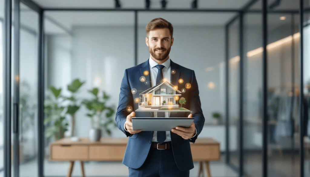 In a sleek office environment, a professional real estate agent presents a virtual 3D property tour on a high-end tablet, showcasing an interactive 3D model of a house with clean UI design and immersive user experience, highlighting the advantages of modern real estate marketing solutions such as 360 grad rundgang. The scene emphasizes innovation in the real estate industry, aimed at engaging potential buyers and enhancing property viewings.